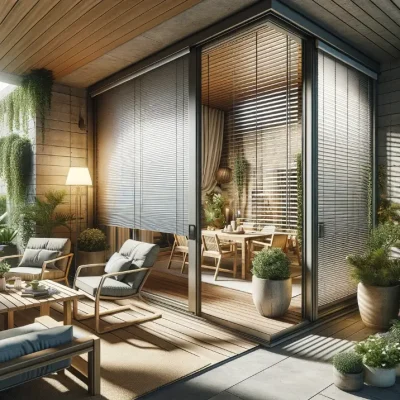 Außenjalousien die in einer gemütlichen und einladenden Terrasse oder einem Terrassenbereich eines Hauses angebracht sind. Die Jalousien wirken sowohl funktional als auch stilvoll und werten den Wohnraum im Freien auf.