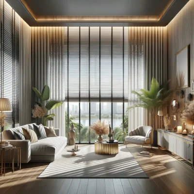 Innenjalousien in einem modernen Wohnzimmer. Die Jalousien sind so gestaltet, dass sie die Inneneinrichtung ergänzen und eine warme und einladende Atmosphäre schaffen.